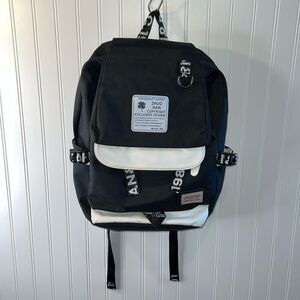 Zhuohan Book-sack Backpack Black White Callout Brand Multi Pocket Zip Close